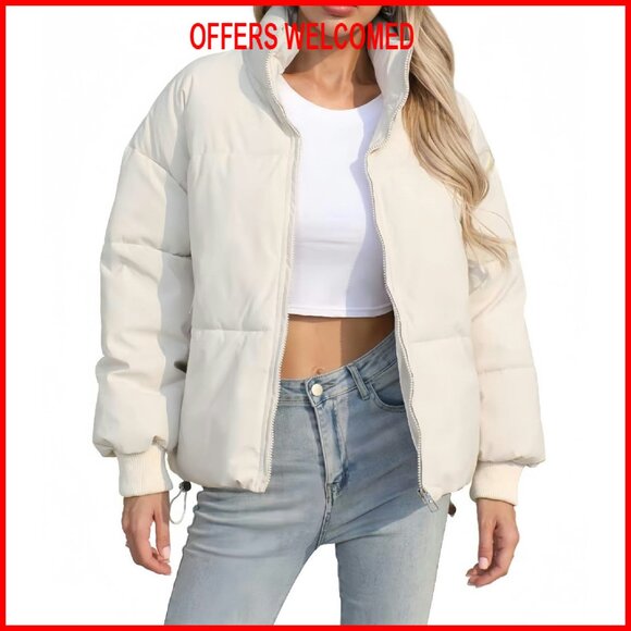 Cropped Quilted Puffer Jacket - Stand Collar Drawstring Waist Lightweight